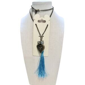 Disney Parks Heart Locket Necklace with Blue Tassel – Antiqued Brass Chain – 20”